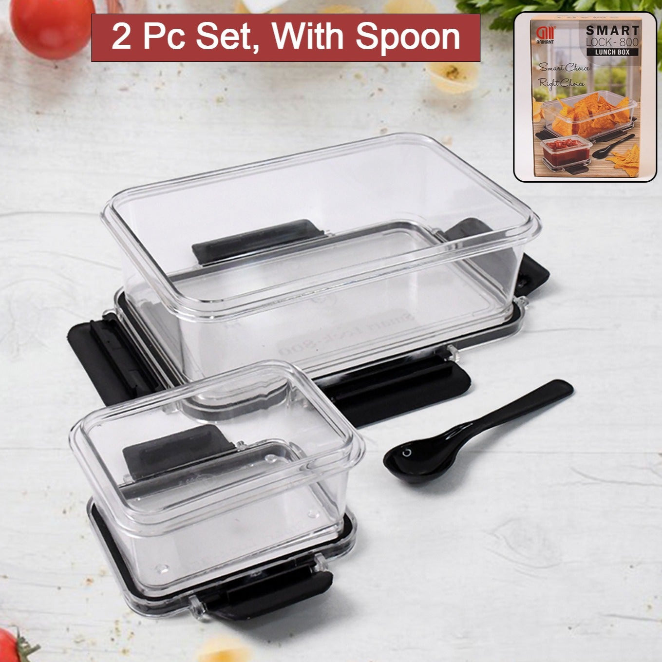 Plastic Kitchen Storage Container Big 800 Ml  Small 250 Ml With Air Seal Lock Lid  Spoon - Happy Price - Image 1