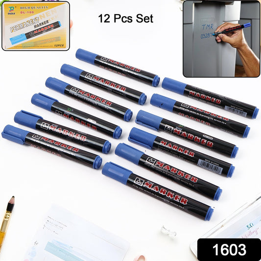 Premium Permanent Blue Marker Pen Set (12 Pc) - Happy Price - Image 1