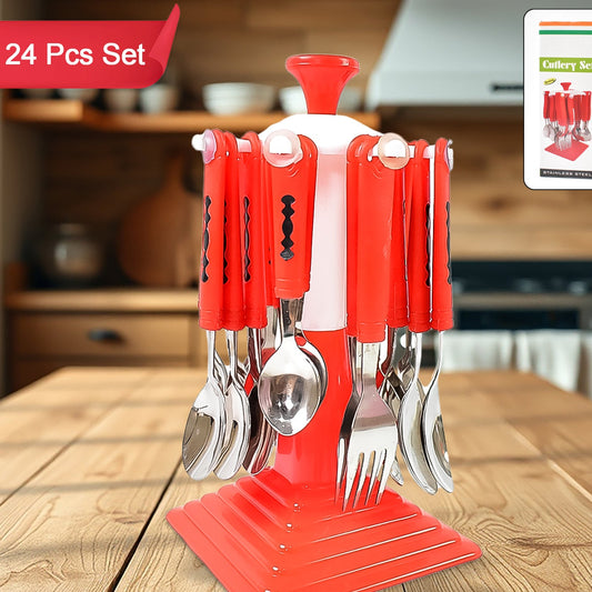 Classic Cutlery Set For Dining Table Stainless Steel 24-piece Set With Stand (1 Set - Happy Price - Image 1
