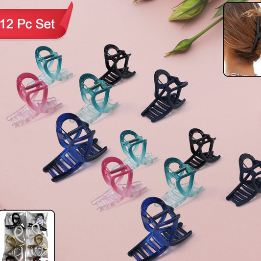 12 Pc Matte Finish Plastic Hair Clamps - Assorted Designs for Women