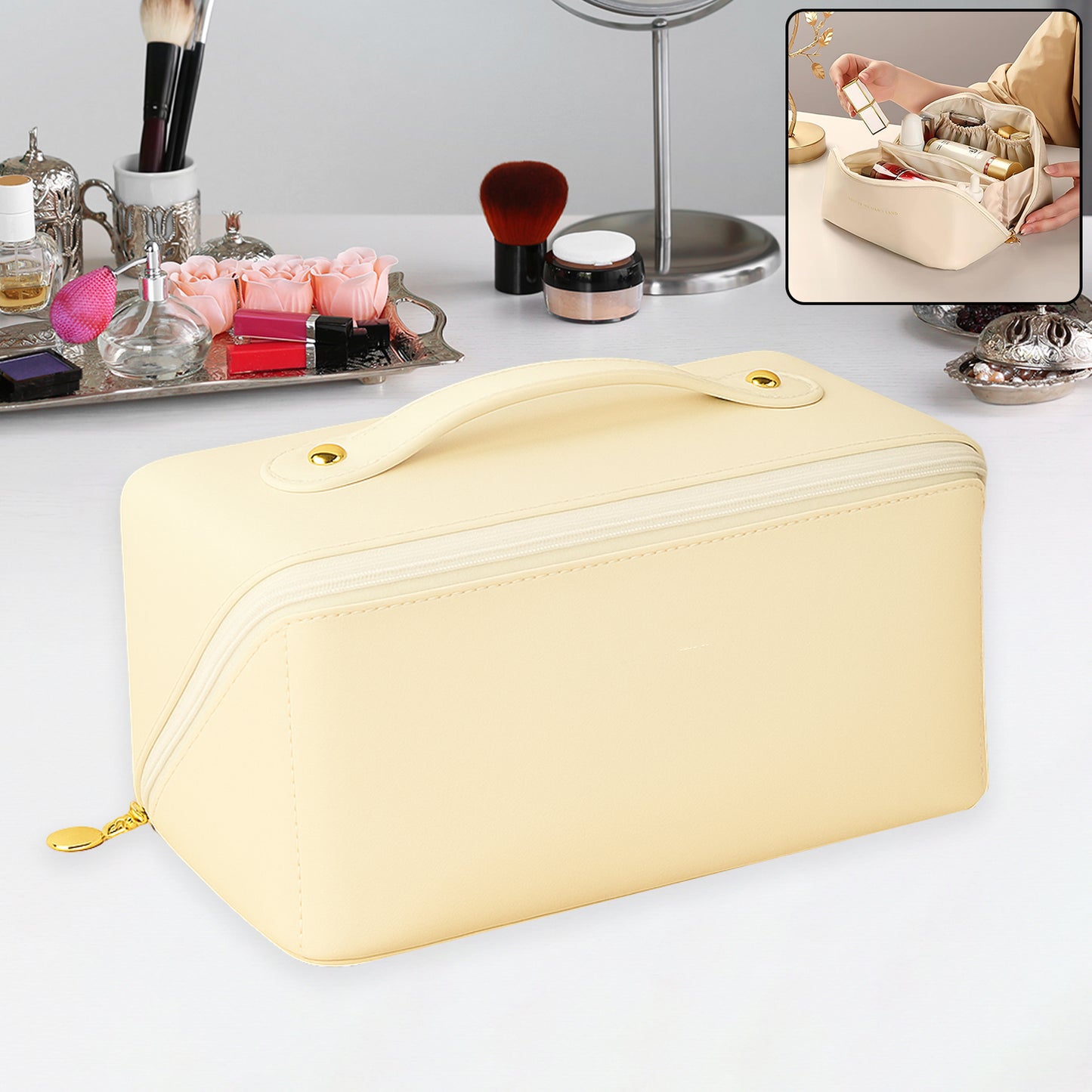 Premium Cream Travel Makeup  Toiletry Organizer Pouch With Zipper  Handle (1 Pc) - Happy Price - Image 2