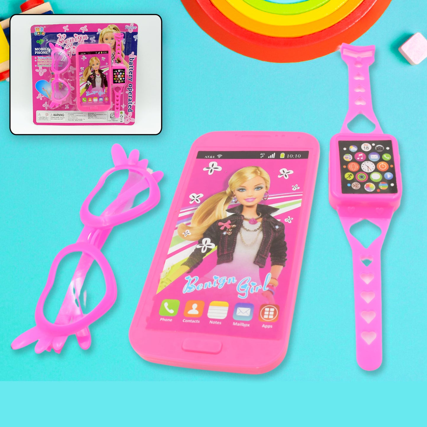 Barbiee Phone Watch And Glasses Set For Girls Beautiful Barbie Musical Phone Abs Plastic Toy Battery Operated Barbie Glass  Musical Mobile Phone   Toddler  Toy Phone For Kids  Calling Toy Phone (3 Pcs Set Battery Not Included) - Happy Price - Image 6