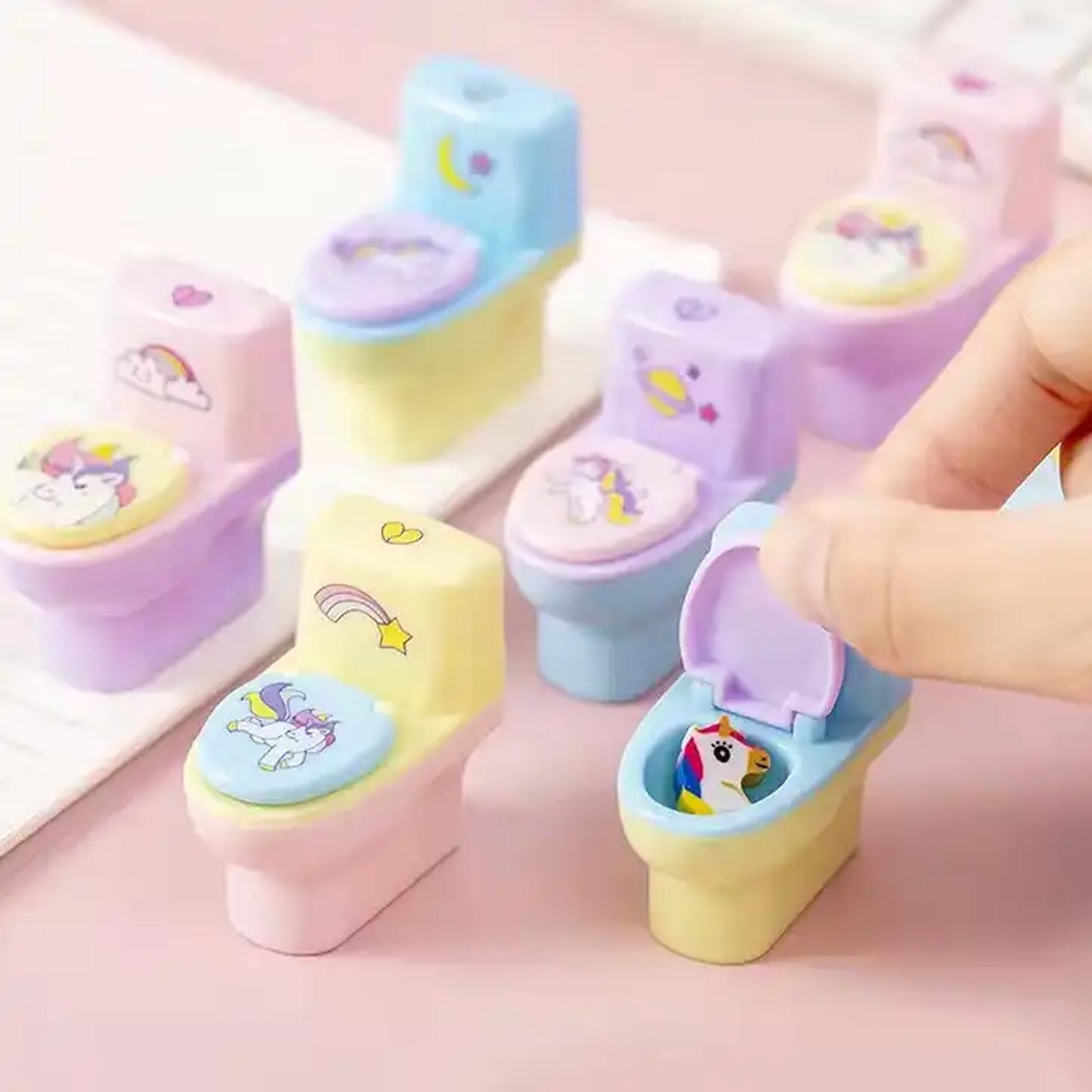 Toilet Pencil Sharpener Plastic Pencil Sharpener Novelty Pencil Sharpener Cute Cartoon Stationery Gift Small Toilet Shaped Sharpener With Eraser Wheel For School Kids (2 Pc Set) - Happy Price - Image 3