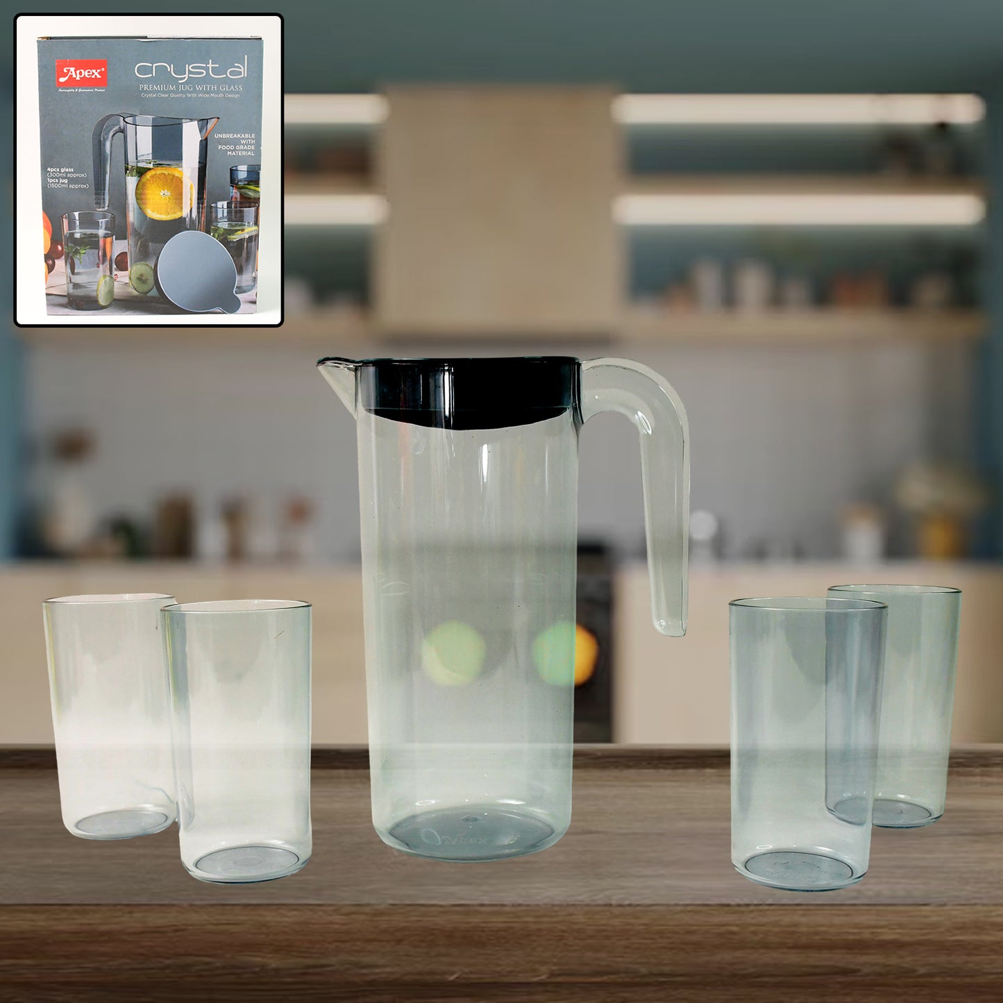 Apex Crystal Premium Jug With Lid  4 Pcs Glass (1500 Ml  300 Ml Approx  5 Pcs Set) - Happy Price - Image 2