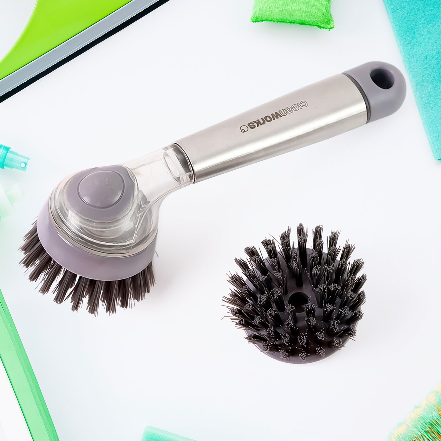 Cleaning Brushes Set Scrub Brush Bathroom Brush Long Handle Liquid Dispenser Pot Washing Brush - Happy Price - Image 6