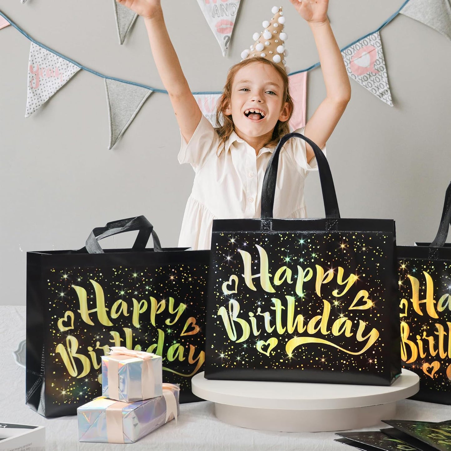 Birthday Gift Bag With Gold Shiny Stars Reusable Party Gift Bags (1 Pc) - Happy Price - Image 4