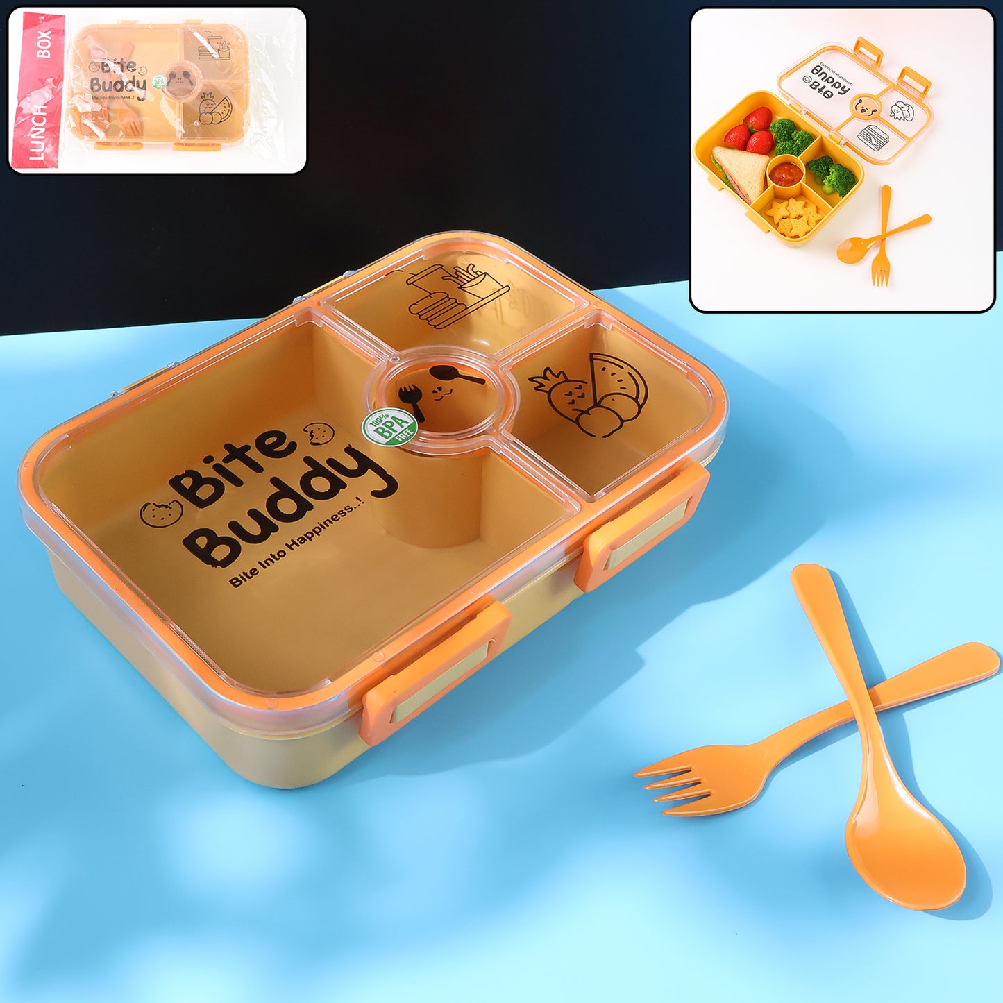 Bite Buddy 4-compartment Leak-resistant Plastic Lunch Box With Spoon  Fork - Happy Price - Image 2