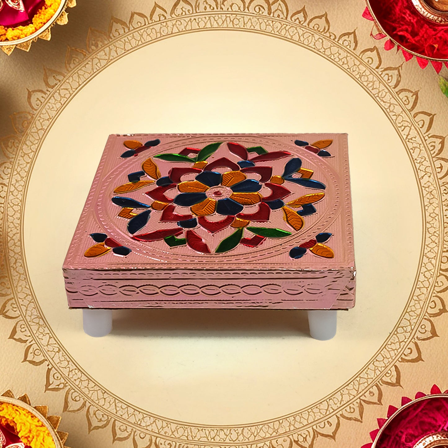 Handicraft Meenakari Wooden Chowki Puja Bajot For Home  Office Decor For Puja Multicolour (1 Pc Set) - Happy Price - Image 3
