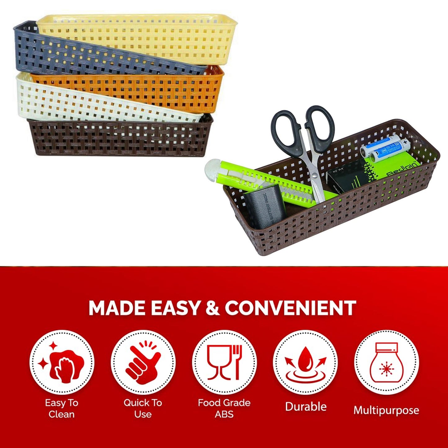 Plastic Multipurpose Desk Organizer Tray Office Drawer Dividers Storage Bins For Kitchen Bathroom Office Makeup Bedroom Dresser Craft Basket Rack Multicolour (6 Pcs Set) - Happy Price - Image 7