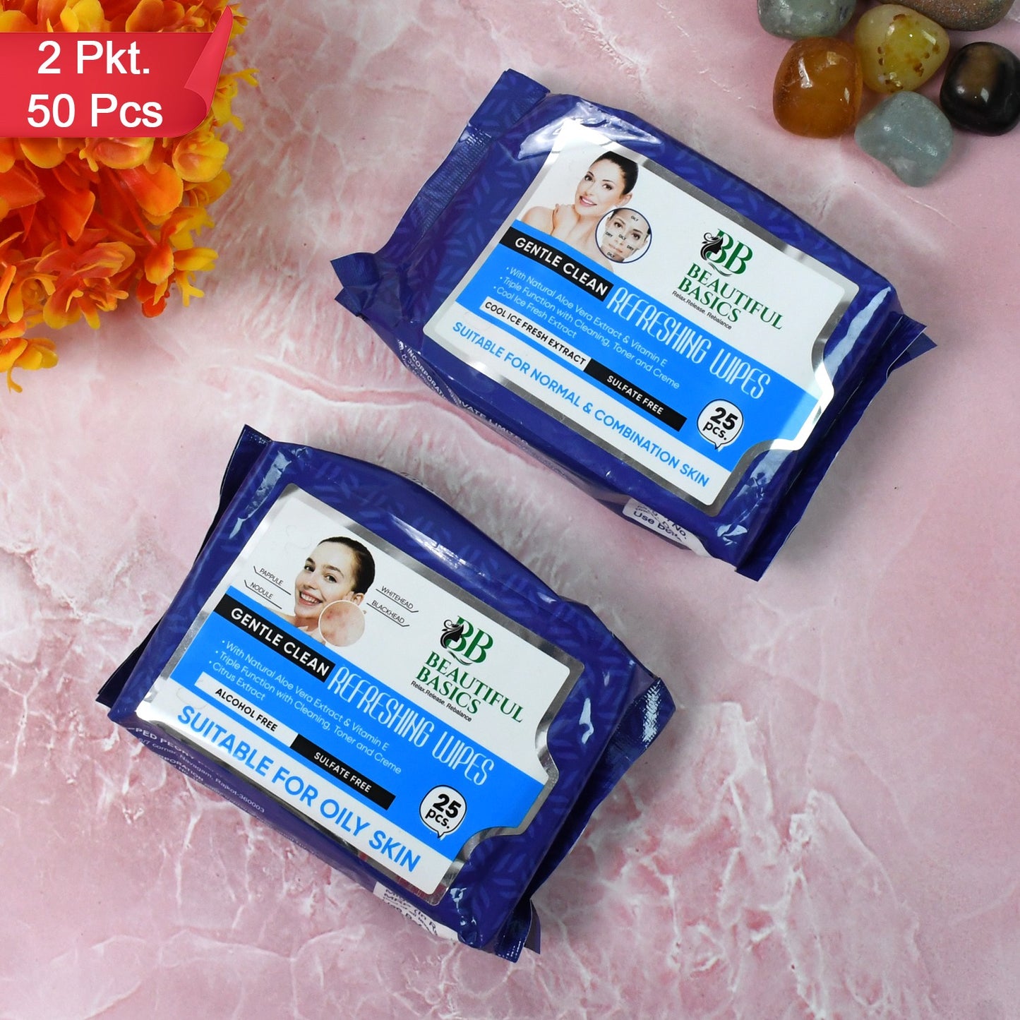 Beautiful Basics Normal  Oily Skin Face Wipes (2 Pkts X 50 Pcs Wipes) - Happy Price - Image 2