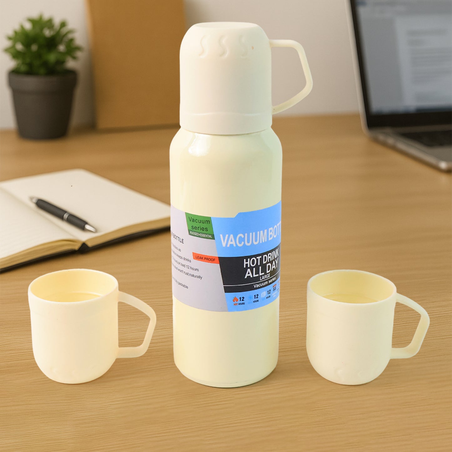 White Stainless Steel Vacuum Flask Set with 3 Cups - 500ml Capacity