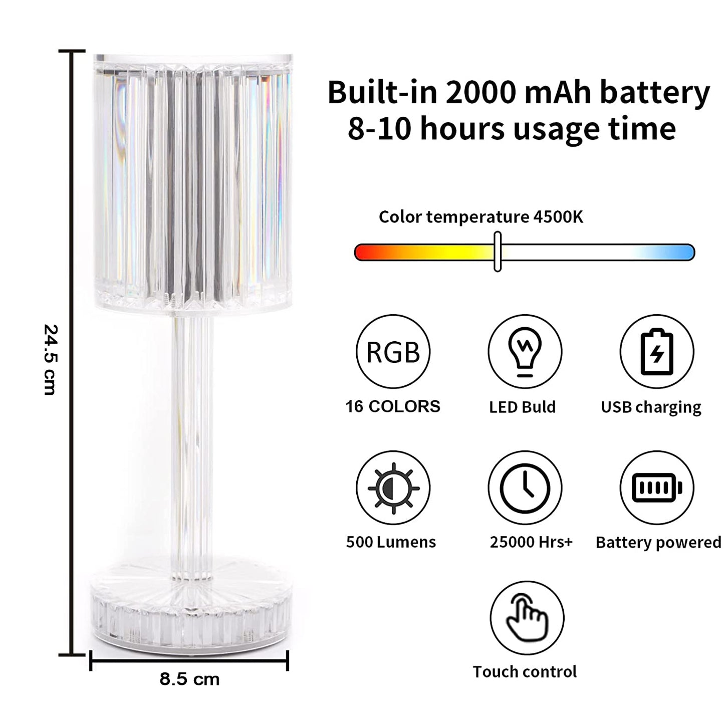 Crystal Table Lamp  Touch Control Atmosphere Nightstand Lamp With Usb Charging Line - Happy Price - Image 4