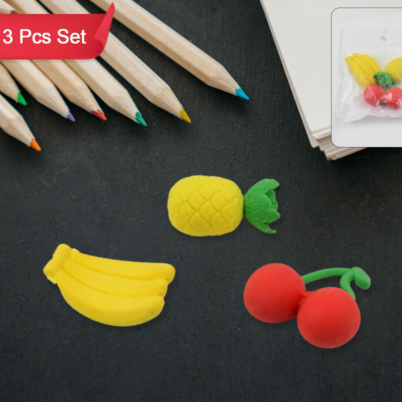 Mix Design Fancy  Stylish Colorful Erasers (1 Set  3 Pc Set) - Happy Price - Image 1