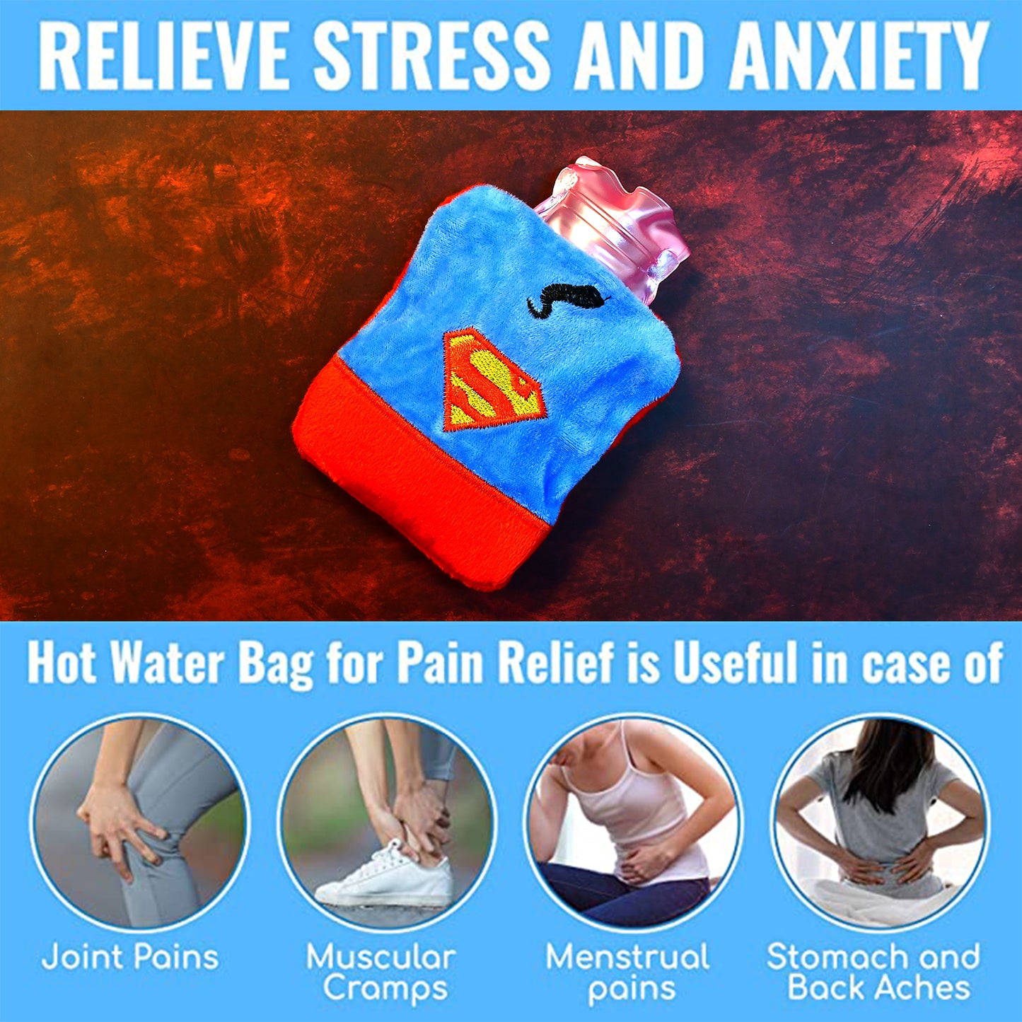 Superman Print Small Hot Water Bag With Cover For Pain Relief Neck Shoulder Pain And Hand Feet Warmer Menstrual Cramps. - Happy Price - Image 5