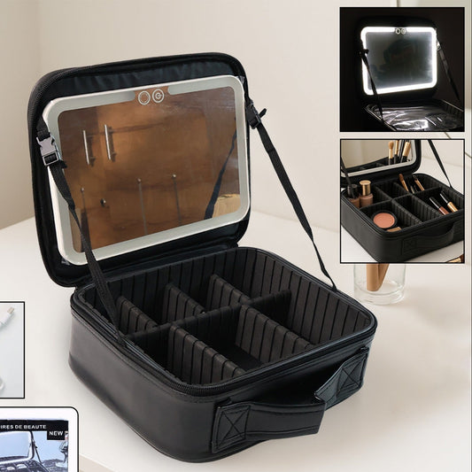 Black LED Makeup Organizer Box with Touch Mirror & USB Charging (1 Pc)