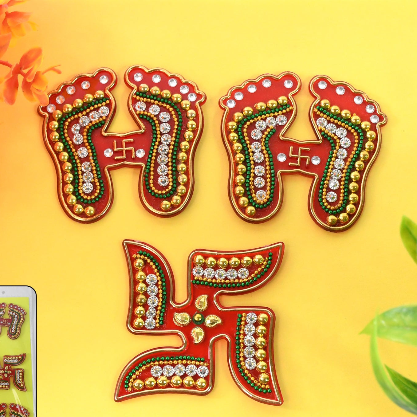 Decorative Laxmi Charan (Pagla)  Swastik Combo Set (3pc Set) - Happy Price - Image 1