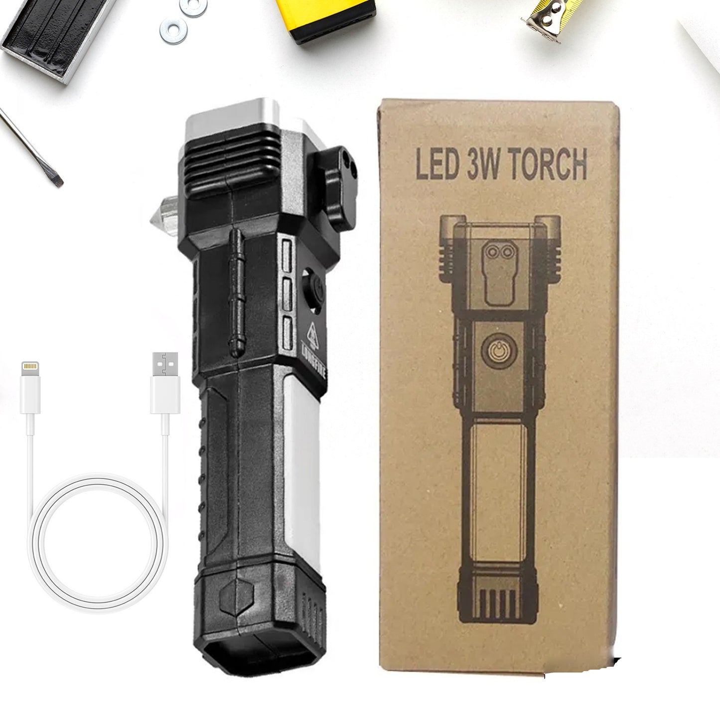 Portable 3w Rechargeable Torch Led Flashlight Long Distance Beam Range Hammer And Strong Magnets Window Glass And Seat Belt Cutter 4 Modes For Car Camping Hiking Indoor Outdoor - Happy Price - Image 4