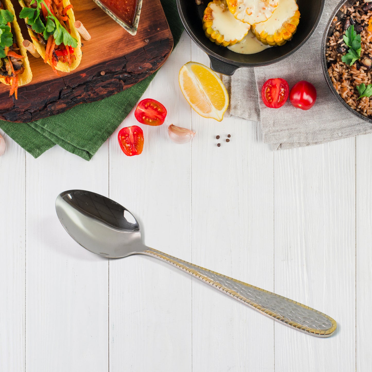 Stainless Steel Gold Bordered Textured Spoons Gold Plated Handle Set Of 6 Pc - Happy Price - Image 4