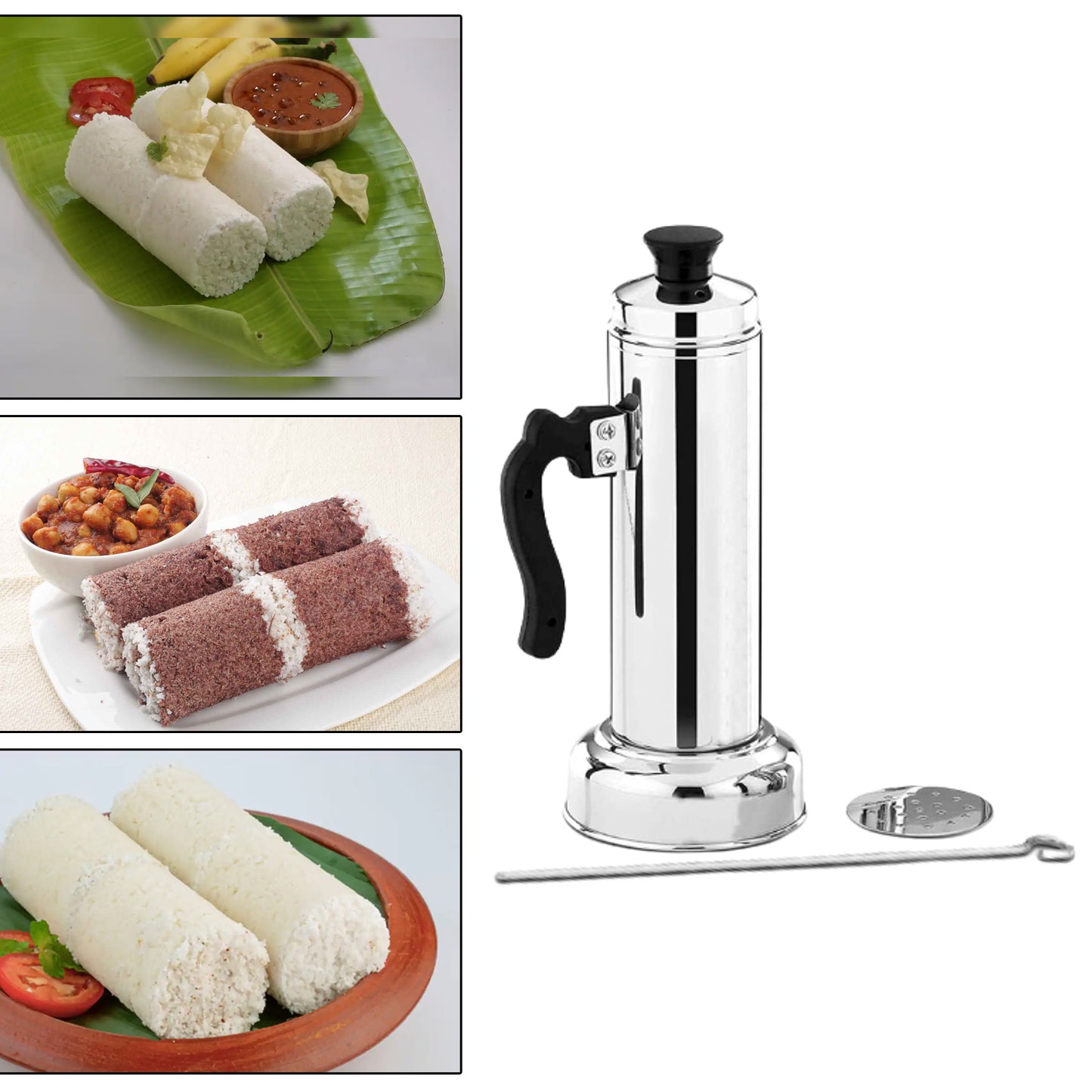 Puttu Maker With Steamer Plate Metal Stick Black Plastic Handle Silver Lid  Puttu Maker Set  To Use With Pressure Cooker Top Food Grade Stainless Steel - Happy Price - Image 4