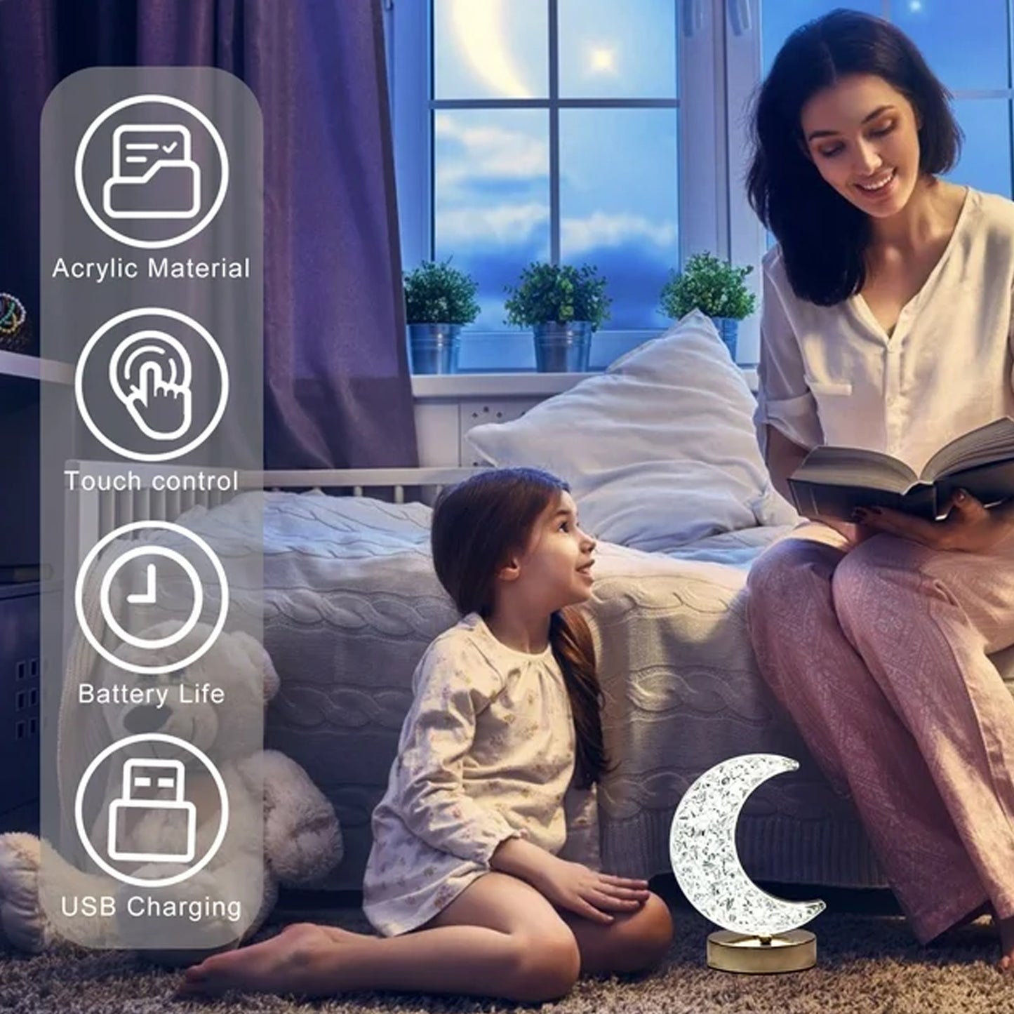 Crystal Table Lamp  Moon Shape Touch Control Lamp With 3 Color  Metal Bedside Lamp For Kids Bedroom Romantic Desktop Nightstand  Stepless Dimming Usb Charging Touch Night Light - Happy Price - Image 5
