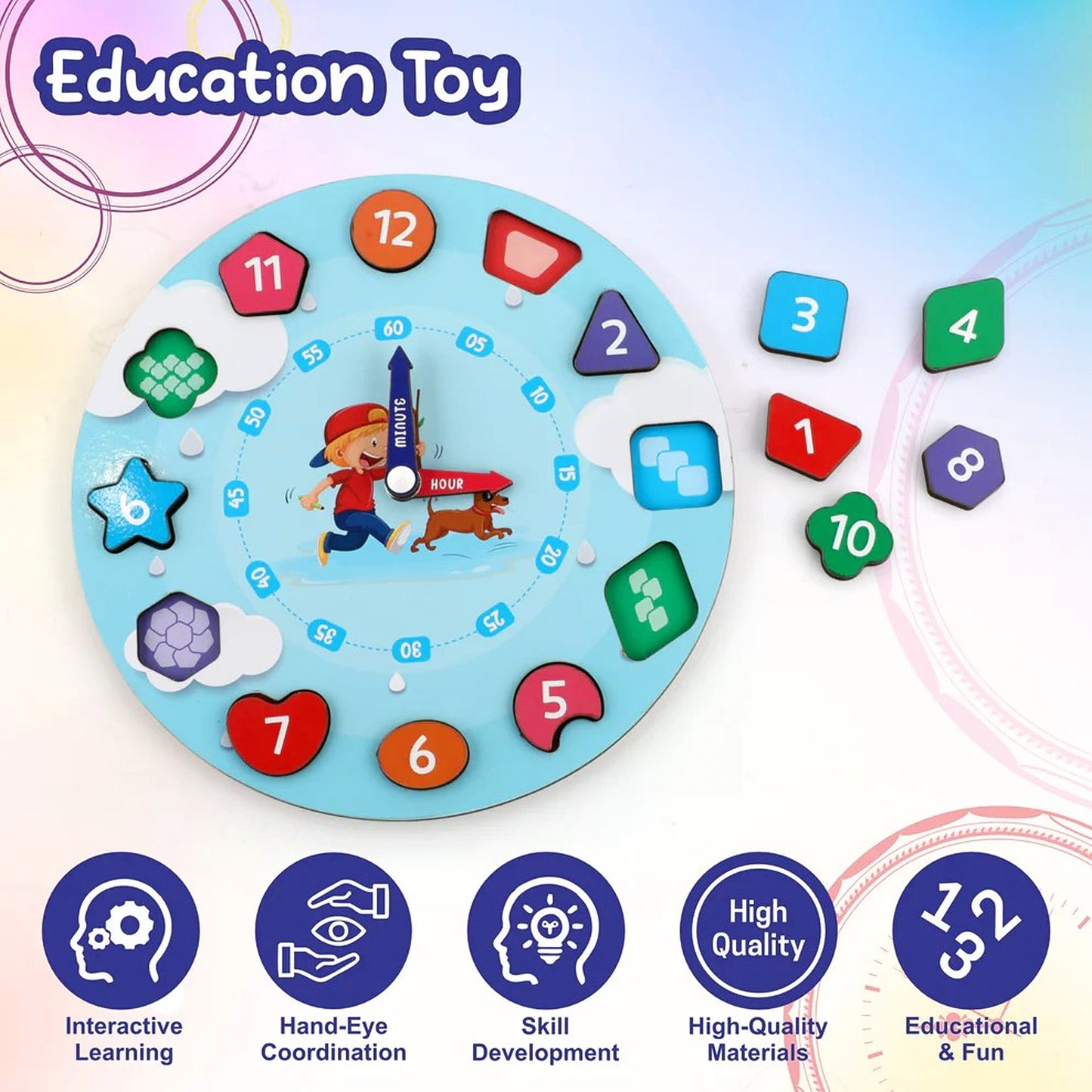 Aditi Wooden Educational Learning Clock Toy With Movable Hands - Happy Price - Image 5