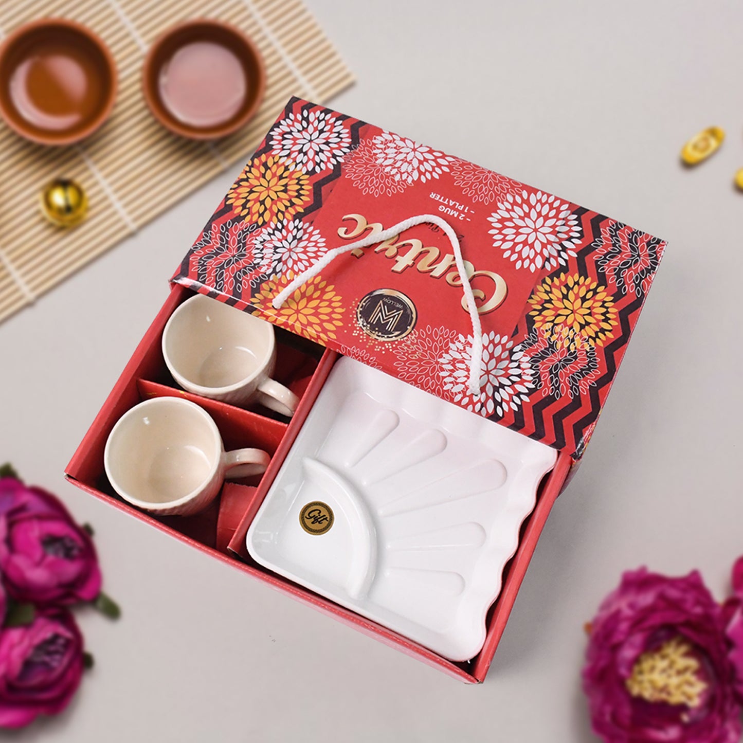 Cerntric Ceramic Tea Cup With Plastic Square Shape Serving Platter Milk Cup 3pc Set - Happy Price - Image 3