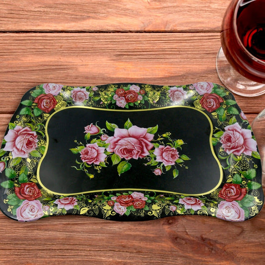 Stainless Steel Serving Tray With Flower Printed Rectangle Premium Dining Table Plate (18 X 8.5 Inch  1 Pc) - Happy Price - Image 1