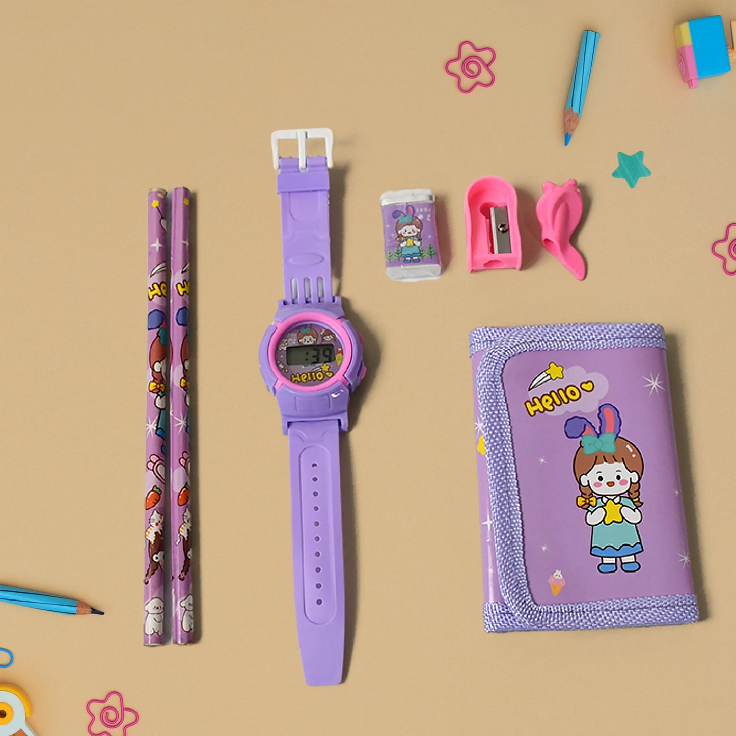 Stationery Set For Girls And Boys  Kids Return Gift - 7 In 1 School Items For Kids-pencils Eraser Sharpener Pouch Pencil Extender  Birthday Gift Idea Stationary Kit Set For School Kids (Pack Of 7 Pcs Set) - Happy Price - Image 2