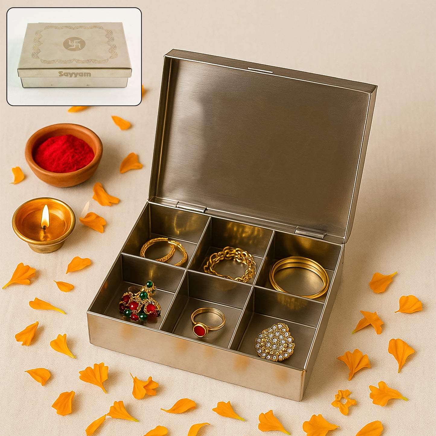 Multipurpose Premium Stainless Steel Jewelry Storage Organizer Box With 6 Compartments (1 Pc) - Happy Price - Image 2