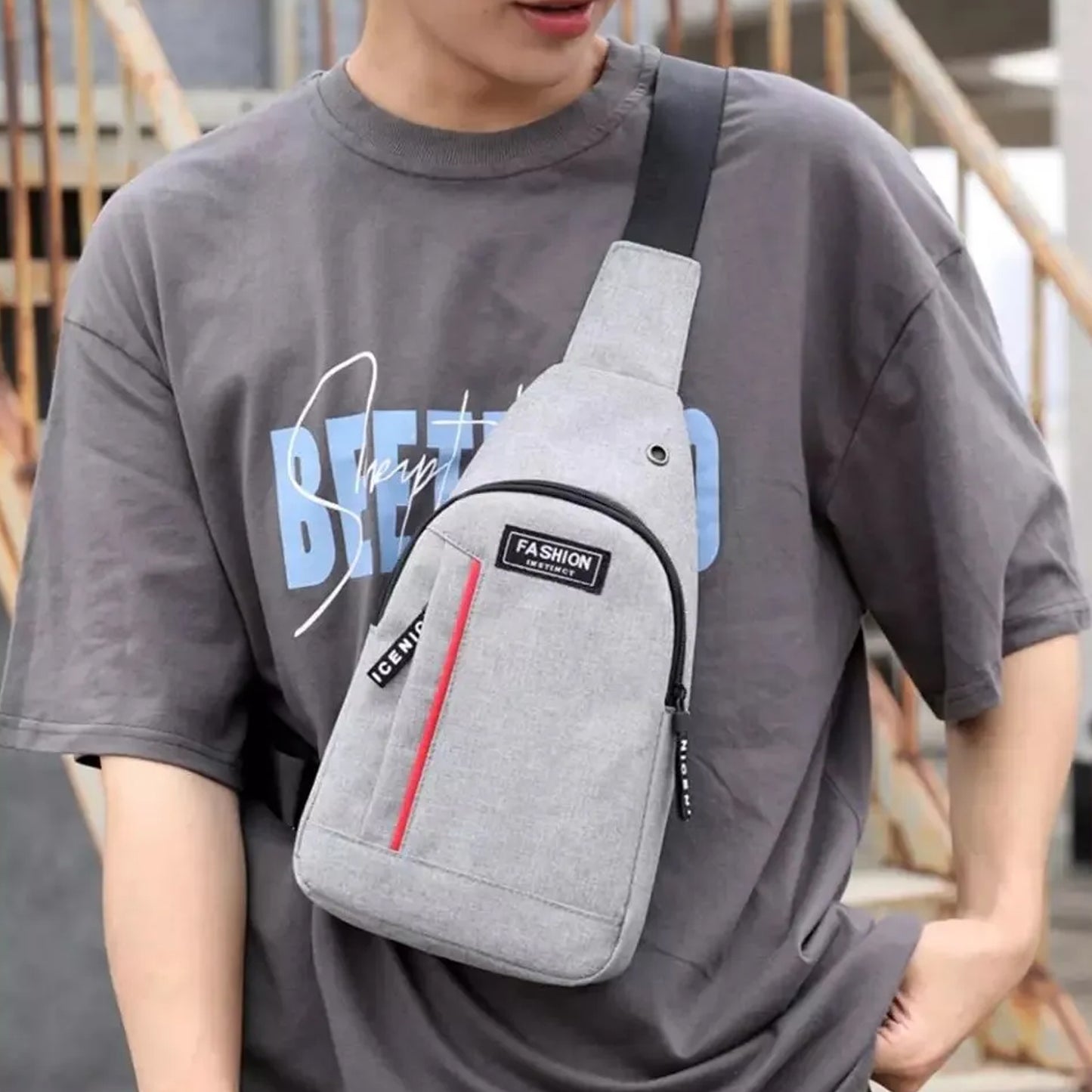 Grey Waterproof Anti Theft Crossbody Fanny Pack Waist Bag Pu Leather Shoulder Bags Chest Men Casual Fashion Usb Charging Earphone Hook Sling Travel Messengers Bag - Happy Price - Image 3