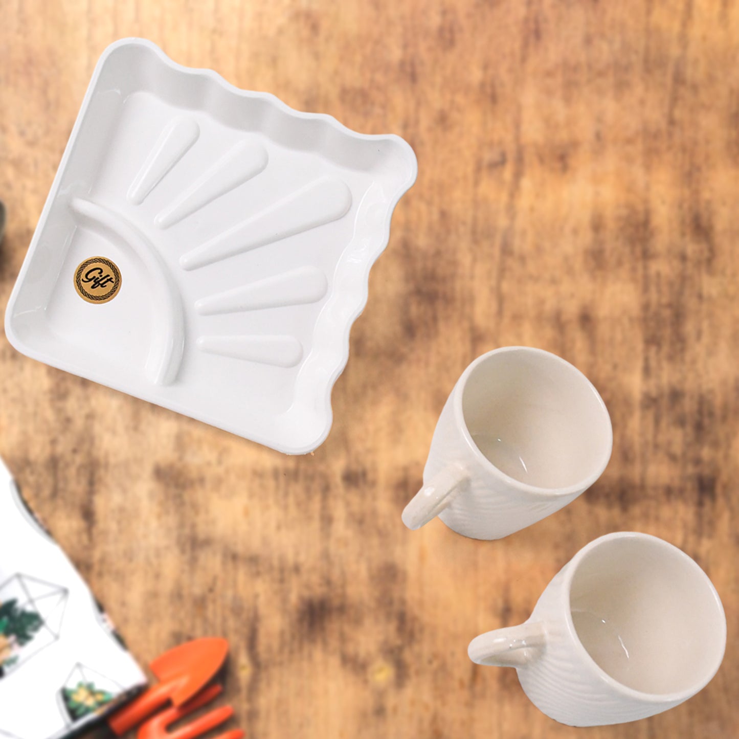 Cerntric Ceramic Tea Cup With Plastic Square Shape Serving Platter Milk Cup 3pc Set - Happy Price - Image 2