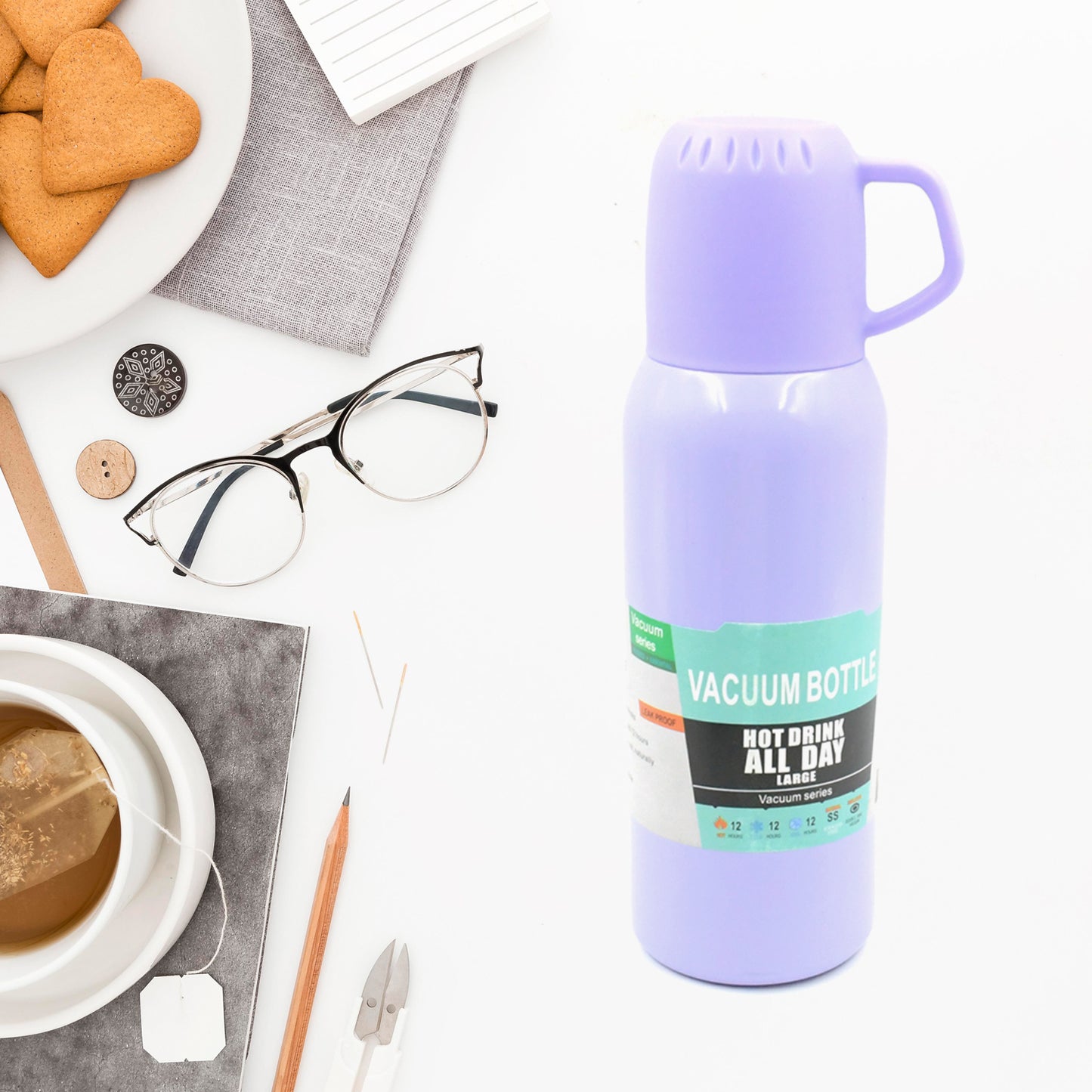 Vacuum Flask Set Stainless Steel Thermos With 3 Cup Creative Gift Set With Cover Handle Portable Car Water Bottle Set (Approx 500ml) - Happy Price - Image 6