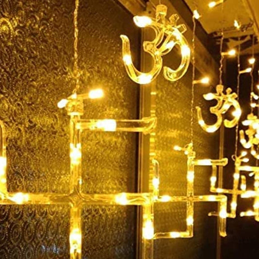 Swastik Om Curtain String Lights with 12 Hanging Props, 138 LEDs for Diwali Home Decor