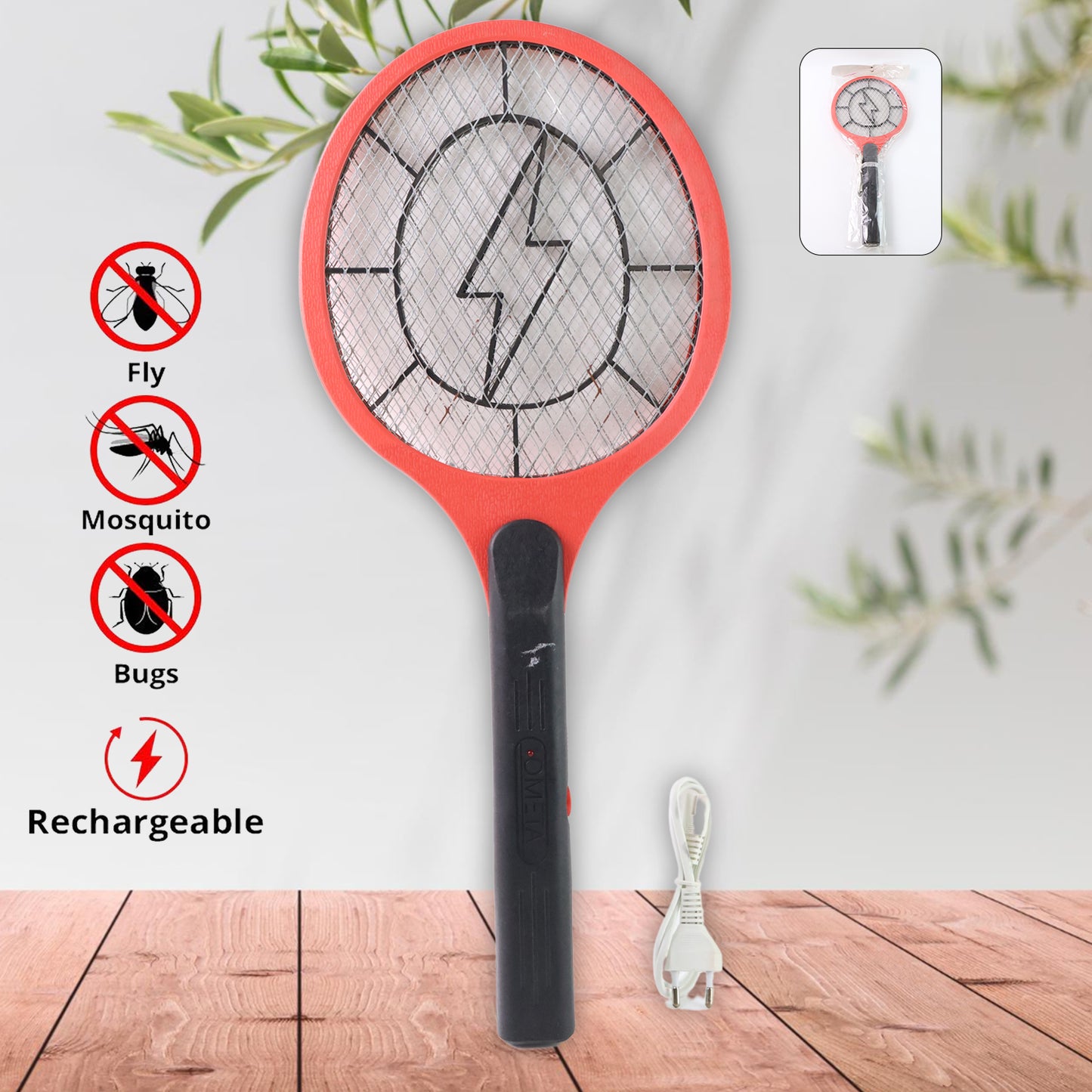 Red Rechargeable Electric Mosquito Killer Racket With Cable - Happy Price - Image 3