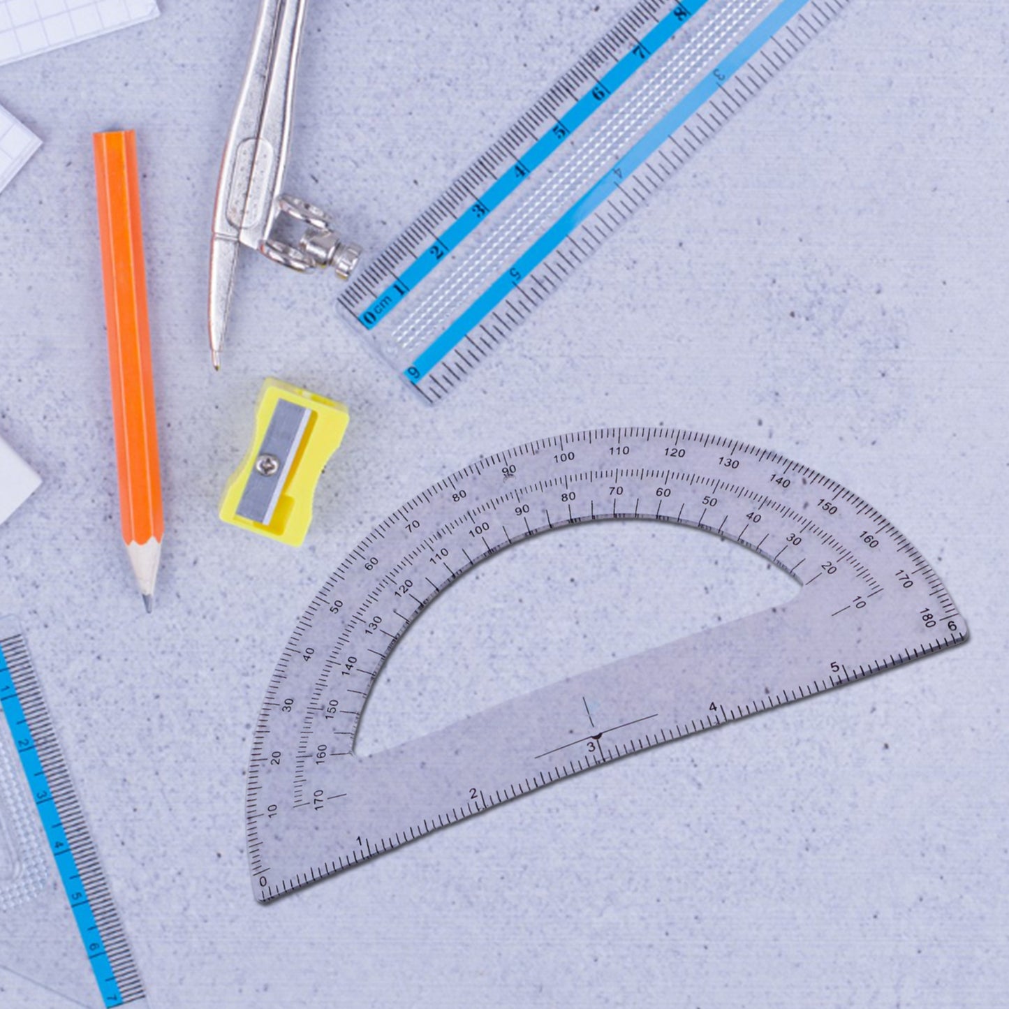 2 Pc Geometry Set  Built-in Pencil Grip + Transparent Plastic Protractor  School Geometry Tools Kit - Happy Price - Image 3
