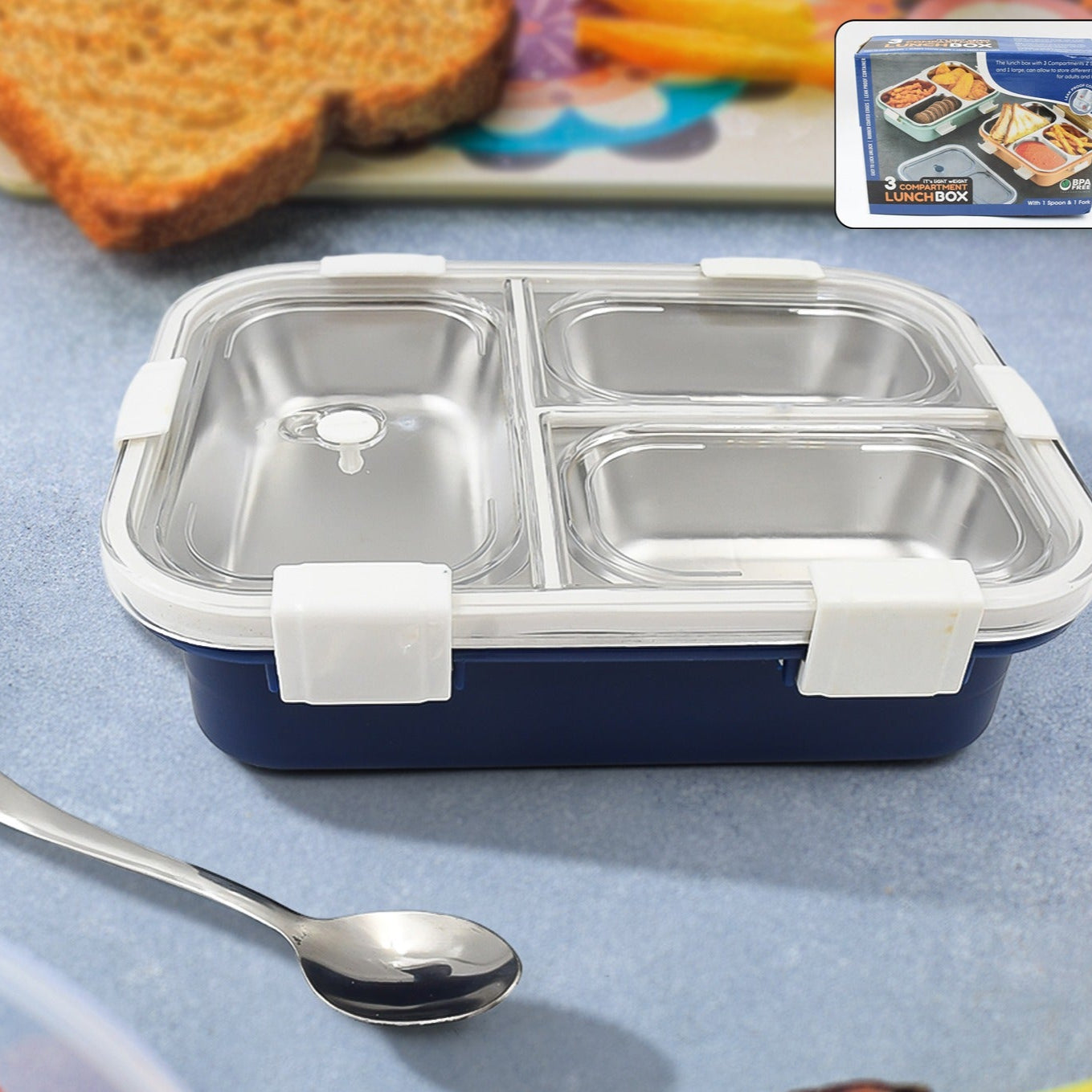 3 Compartment Transparent Stainless Steel Lunch Box For Kids Tiffin Box Lunch Box Lunch Box For Kids Insulated Lunch Box Lunch Box For Office Women And Men Stainless Steel Tiffin Box For Boys Girls School Office - Happy Price - Image 1