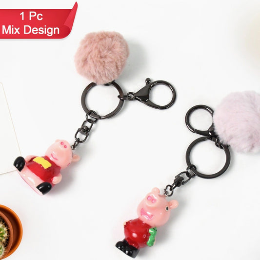 Cute Cartoon Keychain With Fluffy Pom (1 Pc  Mix Design) - Happy Price - Image 1