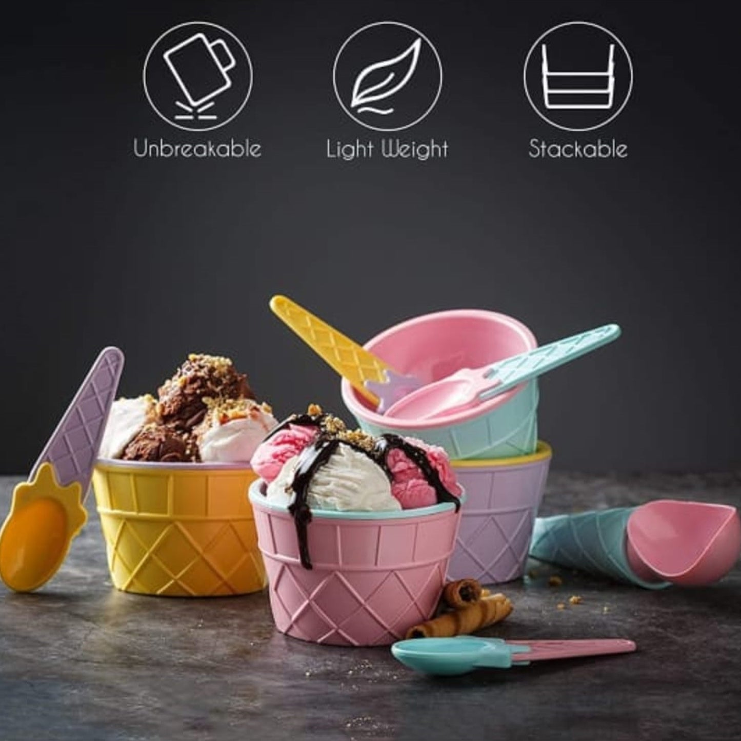 Ice-cream Waffle Spoon Bowel Cup Set  Premium Ice Cream Set  Ice-cream Bowel With Spoon 2pc Couple Bowl Set - Happy Price - Image 4