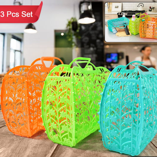 Plastic Foldable Basket Bag  Fruit  Vegetable Storage Basket (3 Pcs Set  Multicolor) - Happy Price - Image 1