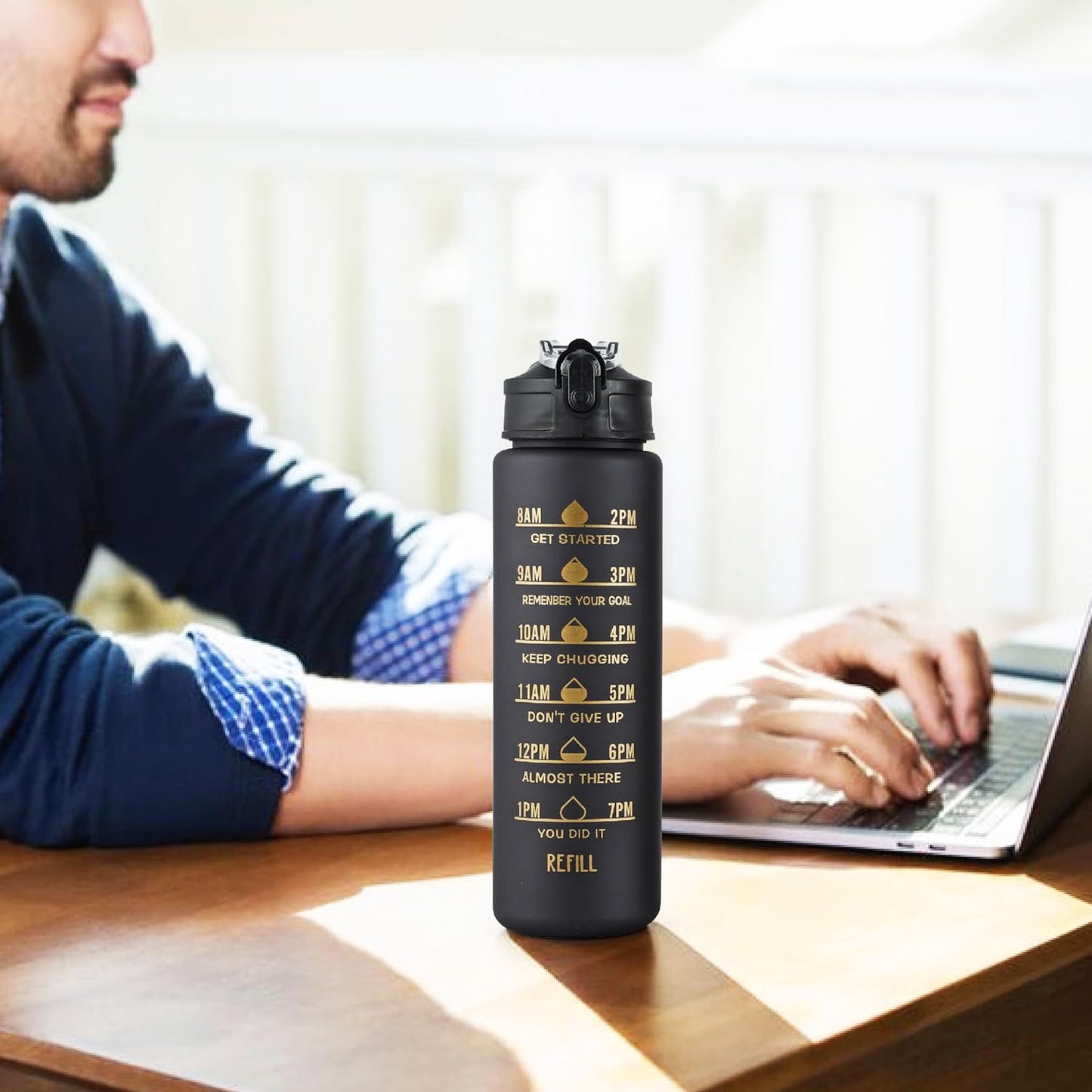 2 Pc Motivational Water Bottle Set - 900 ML & 300 ML Black Sipper Bottles - Happy Price - Image 5
