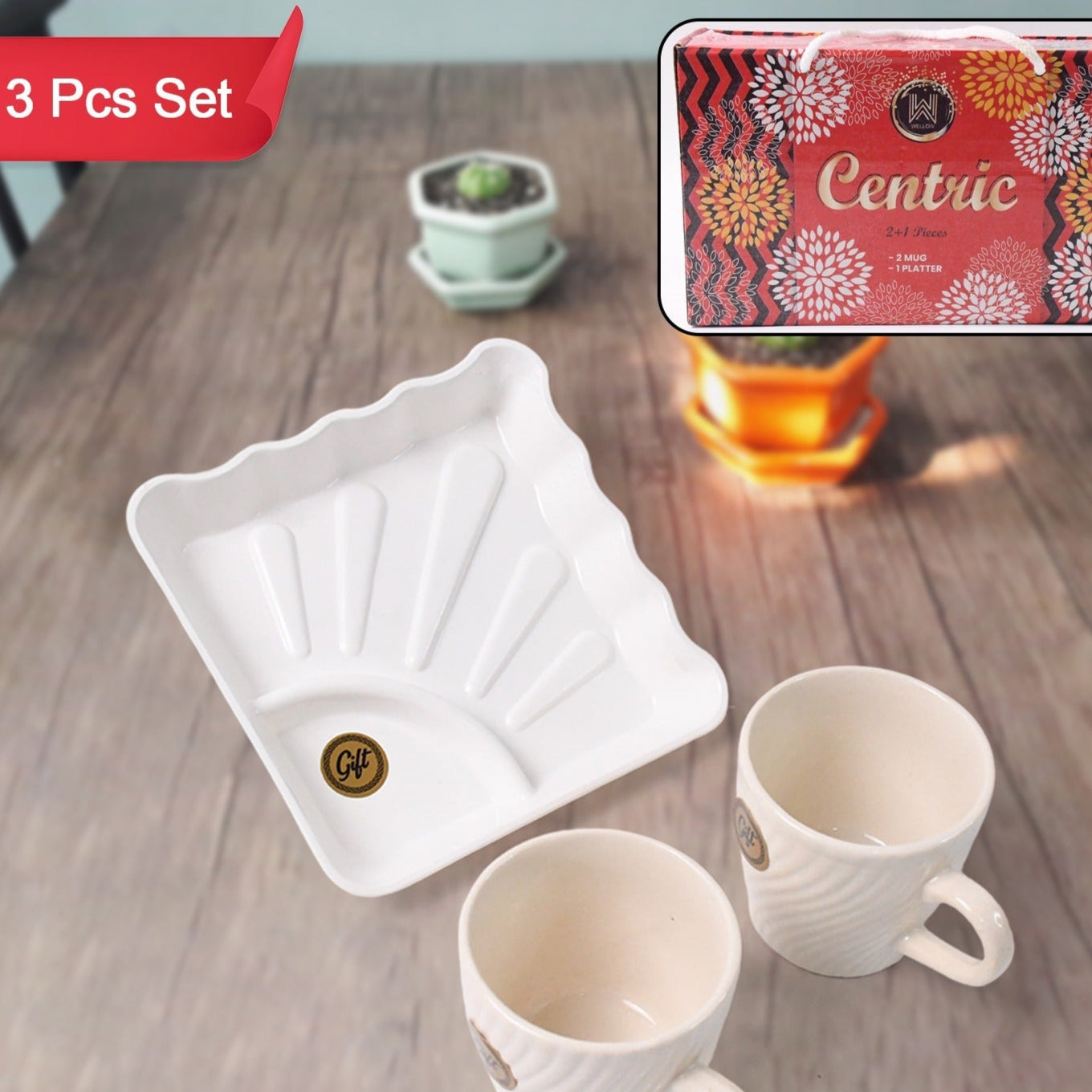 Cerntric Ceramic Tea Cup With Plastic Square Shape Serving Platter Milk Cup 3pc Set - Happy Price - Image 1