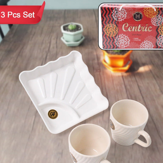 Cerntric Ceramic Tea Cup With Plastic Square Shape Serving Platter Milk Cup 3pc Set - Happy Price - Image 1