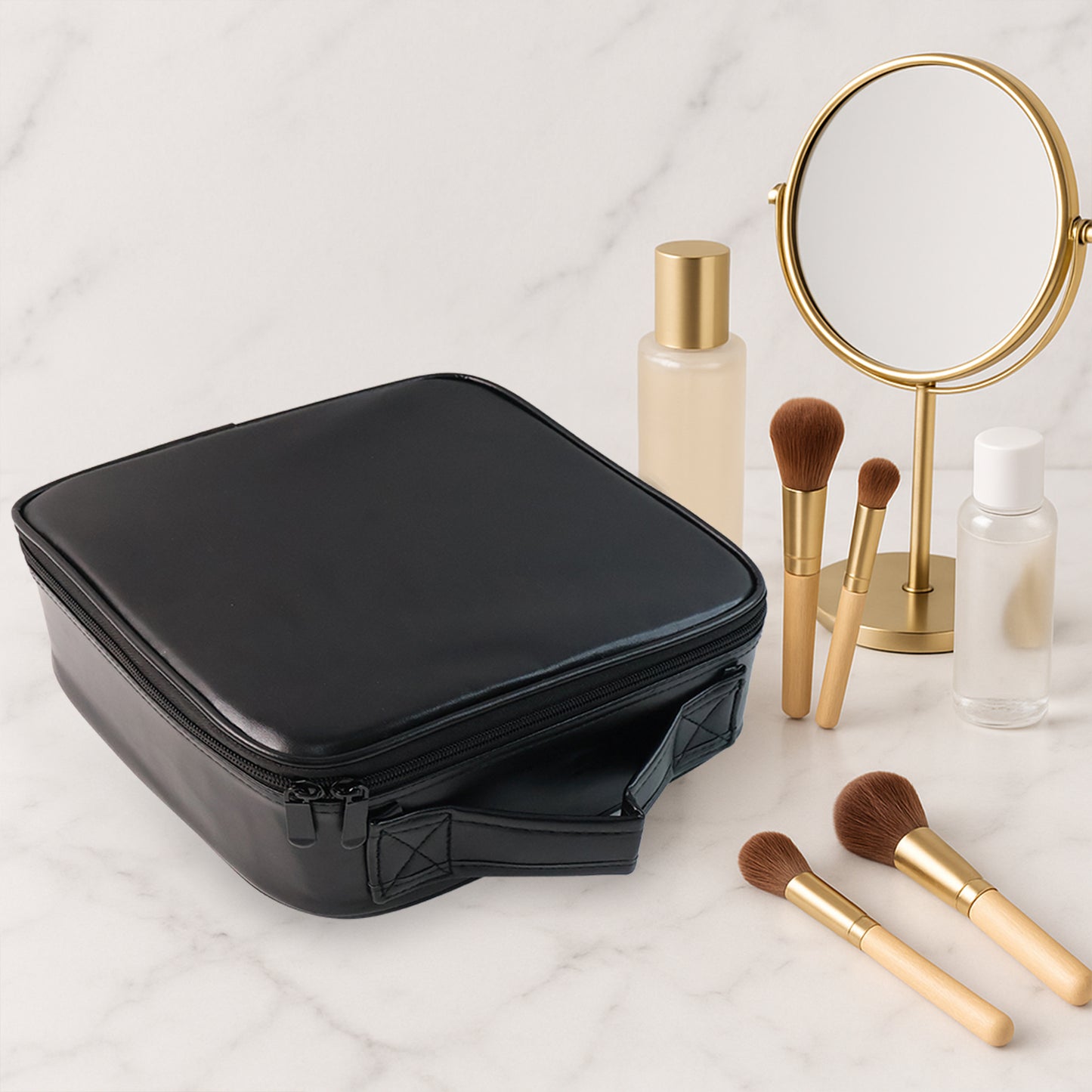 Black LED Makeup Organizer Box with Touch Mirror & USB Charging (1 Pc)