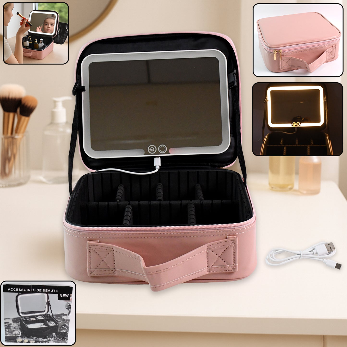 Pink LED Light Makeup Organizer Box with Touch Mirror & USB Charging (1 Pc)